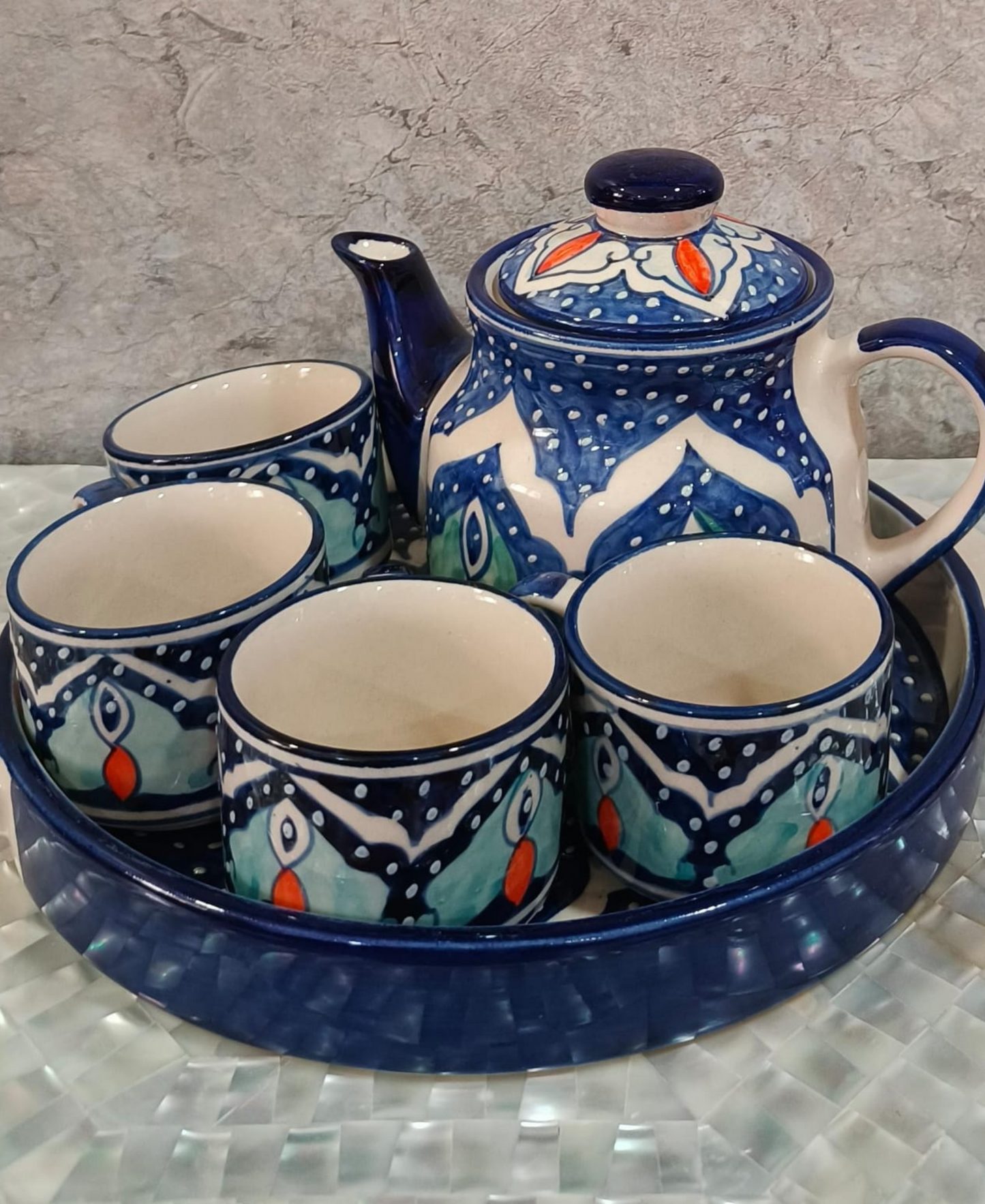 Blue Multicoloured Tea Cup Set with Kettle