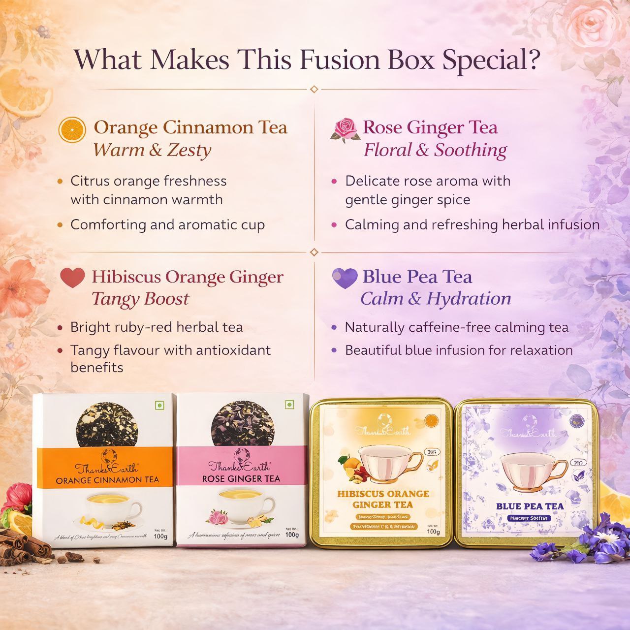 Floral & Fruity Fusion Box – Orange Cinnamon, Rose Ginger, Hibiscus Orange Ginger & Blue Pea Tea