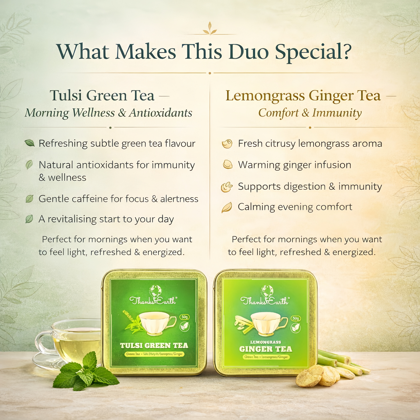 Immunity Boost Duo – Tulsi Green Tea & Lemongrass Ginger Tea Combo