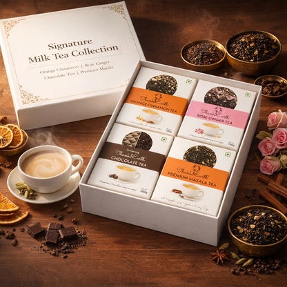 Signature Milk Tea Collection – Orange Cinnamon, Rose Ginger, Masala & Chocolate Tea