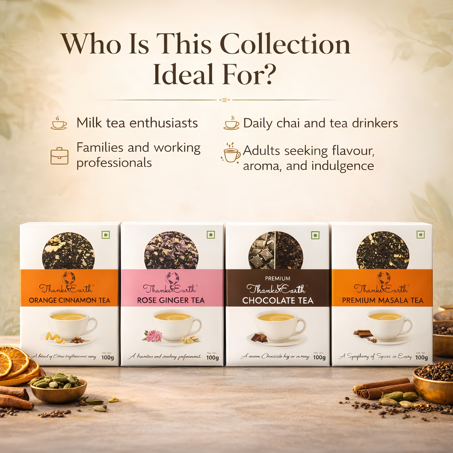 Signature Milk Tea Collection – Orange Cinnamon, Rose Ginger, Masala & Chocolate Tea