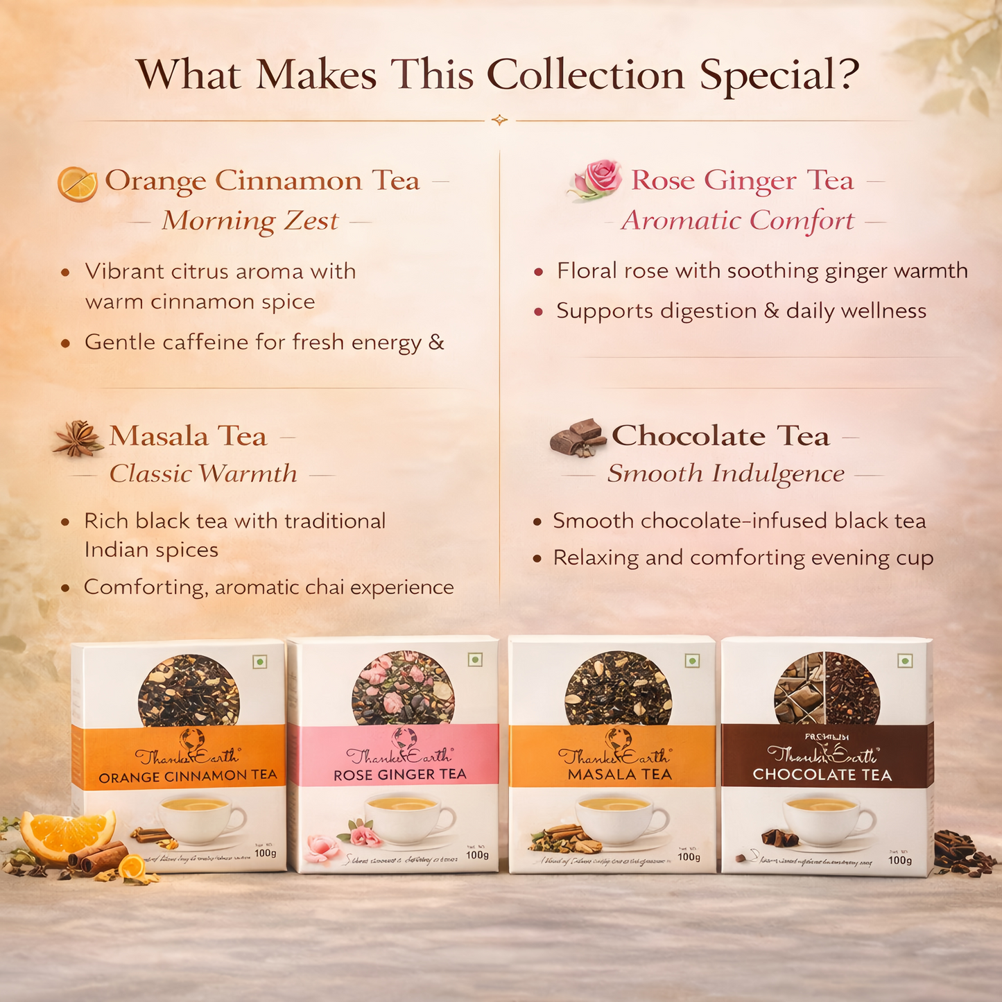 Signature Milk Tea Collection – Orange Cinnamon, Rose Ginger, Masala & Chocolate Tea