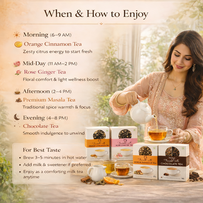 Signature Milk Tea Collection – Orange Cinnamon, Rose Ginger, Masala & Chocolate Tea
