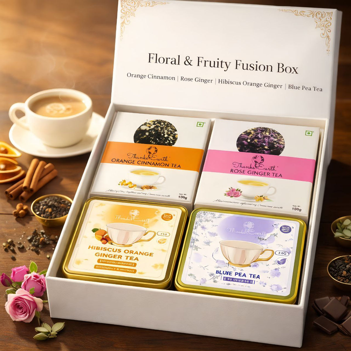 Floral & Fruity Fusion Box – Orange Cinnamon, Rose Ginger, Hibiscus Orange Ginger & Blue Pea Tea