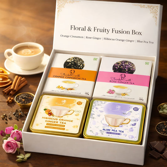 Floral & Fruity Fusion Box – Orange Cinnamon, Rose Ginger, Hibiscus Orange Ginger & Blue Pea Tea