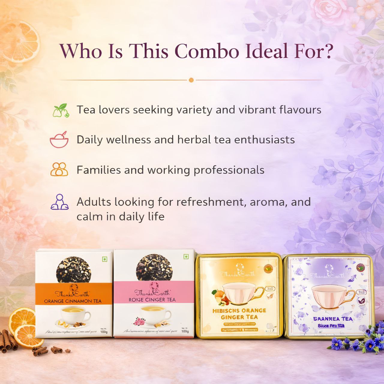 Floral & Fruity Fusion Box – Orange Cinnamon, Rose Ginger, Hibiscus Orange Ginger & Blue Pea Tea