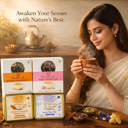 Floral & Fruity Fusion Box – Orange Cinnamon, Rose Ginger, Hibiscus Orange Ginger & Blue Pea Tea