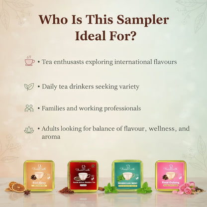 Exotic World Tea Sampler – Earl Grey, Moroccan Mint, Rose Oolong & South African Rooibos Tea
