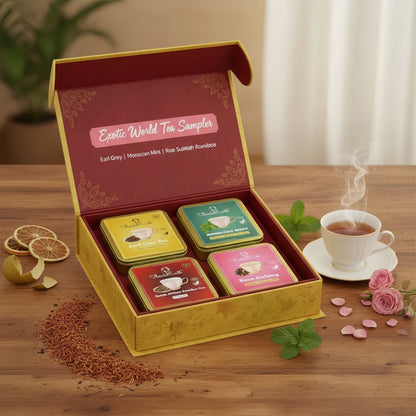 Exotic World Tea Sampler – Earl Grey, Moroccan Mint, Rose Oolong & South African Rooibos Tea