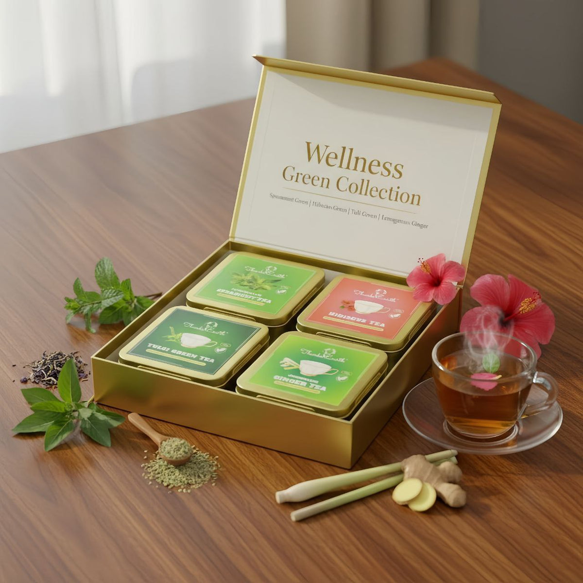 Wellness Green Collection – Spearmint Green, Hibiscus Green, Tulsi Green & Lemongrass Ginger Tea